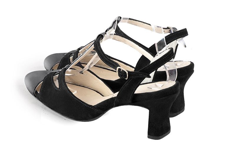 Dark silver and matt black women's open back T-strap shoes. Round toe. Medium spool heels. Rear view - Florence KOOIJMAN